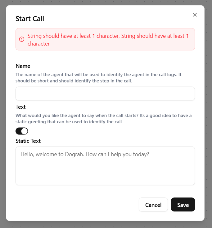 Start Call Node Dograh Interface